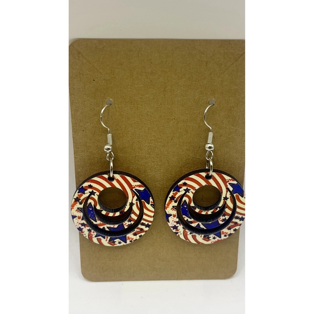 Red, White And Blue Earrings Round Dangle 2" Patriotic